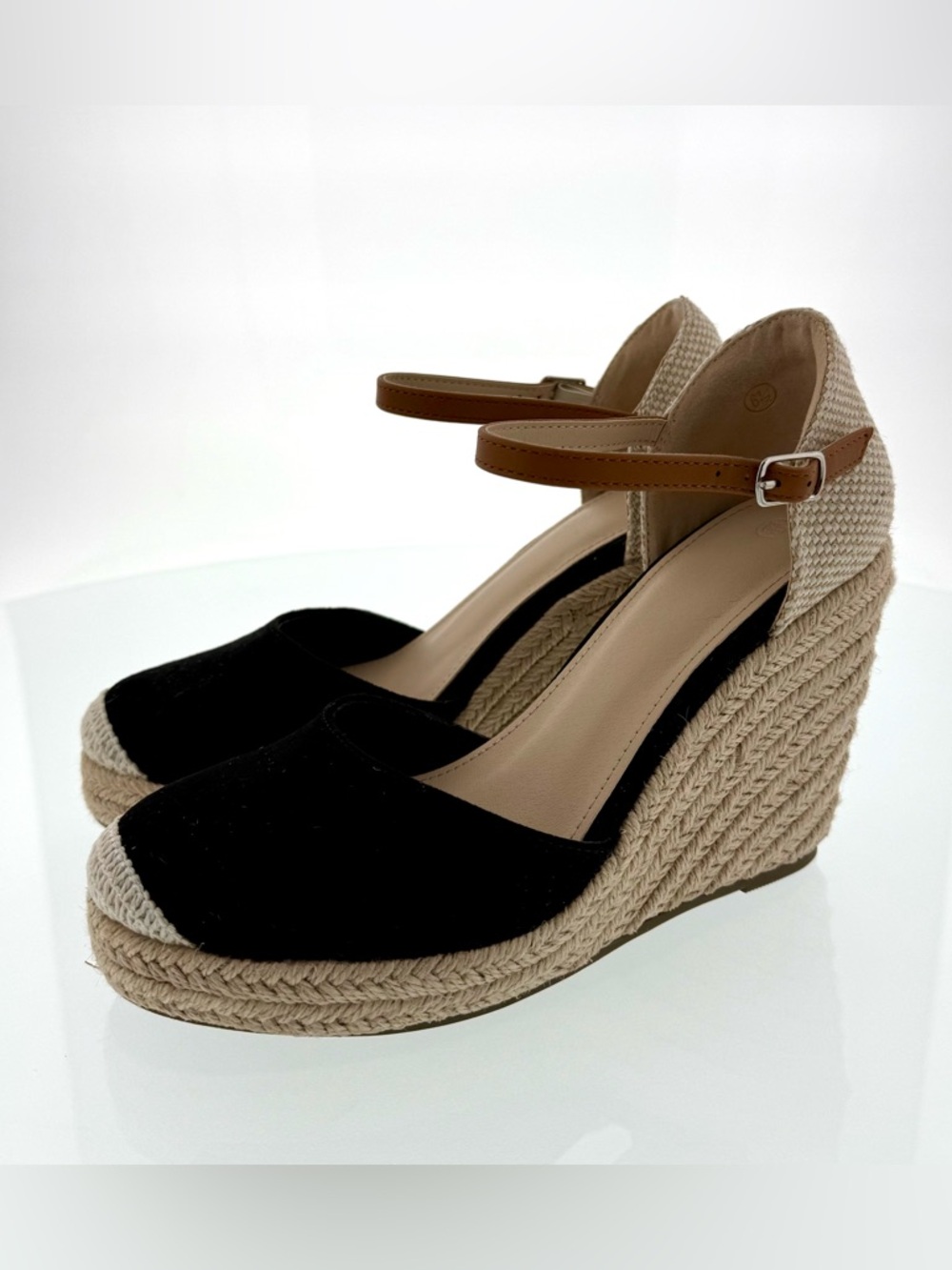 Espadrille Heel Platform Wedge Black with Tan Ankle Strap